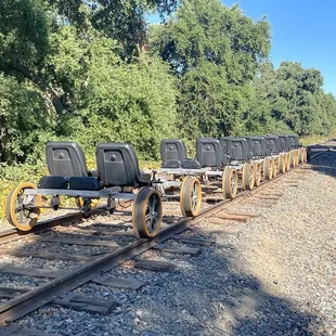 Rail bikes lined up and ready to go.