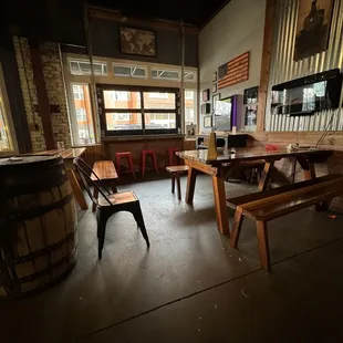 tables and benches in a room