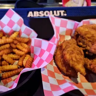 Fries and chicken strips.