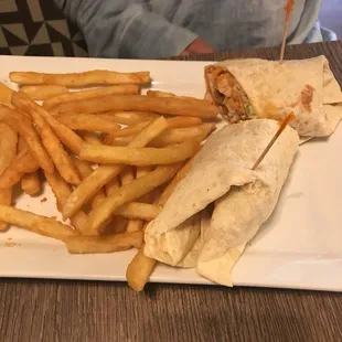 a burrito and french fries