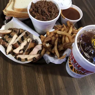 1lb of chopped brisket and a 1/2lb of chicken with fries