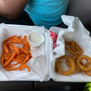 Sweet potato fries and onion rings