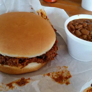Beans and chopped beef sandwich