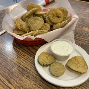Fried pickles with ranch dressing. Light batter - perfect for pickles.