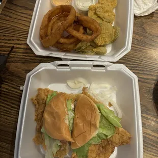 Two Quarter tenderloins and leftover yummy onion rings and fries! Meal #2 for later, much later.