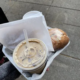 Iced coffee, spicy chai, poppyseed muffin, cheese raspberry croissant