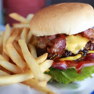 Bacon Cheeseburger with the works! All patties made by hand with fresh Angus beef - never frozen!