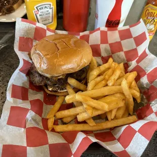 a hamburger and french fries