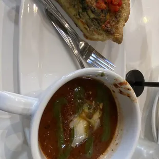 Slice of Italian Sausage Quiche and Tomato Basil Soup