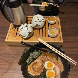 Two Shoyu Ramen and the white tea set! Super yummy all around. enough tea to reasonably serve up to 4 people.