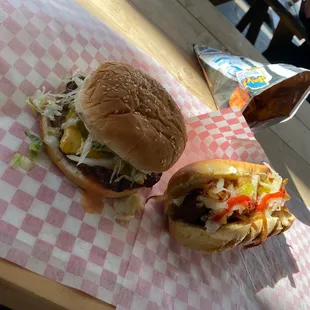 Cheese burger and Seattle Veggie Dog