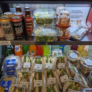 Sandwiches, flan, canned drinks, salad, pasta salads, California sushi roll in the grab and go case