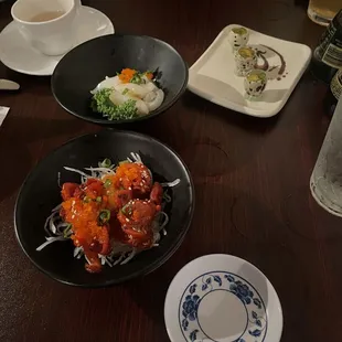 quail egg, baby octopus, squid