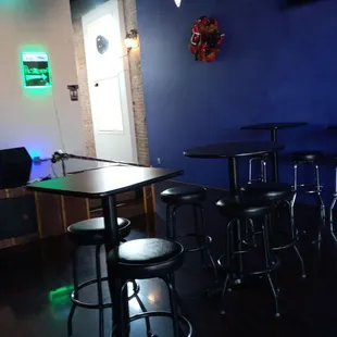 a bar with stools and tables