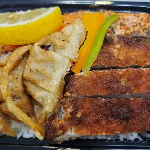 Salmon and Pork Katsu with Mandoo over rice