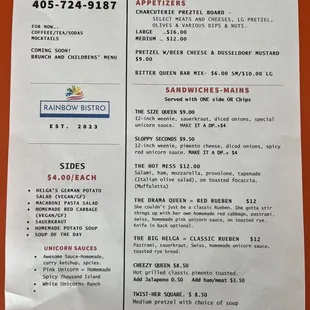 The Rainbow Bistro menu.