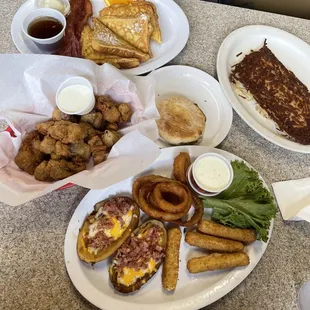 English Muffin, Hash Browns, French Toast Breakfast, golden platter( mozzarella sticks, onion rings, potato skins) &amp; chicken gizzards