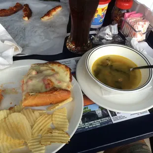 Chicken (grilled) parm sandwich, wedding soup, arrogant bastard draft.