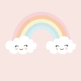 a pink background with two clouds and a rainbow