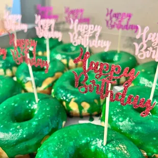 Matcha Green Tea donuts (birthday flags added by me)