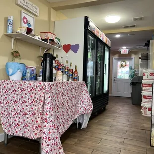 Table set up with items for customizing your coffee, tea or other beverages. Good selection! Always clean.