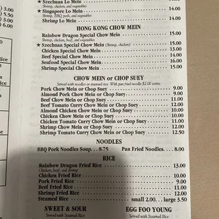 the menu and prices