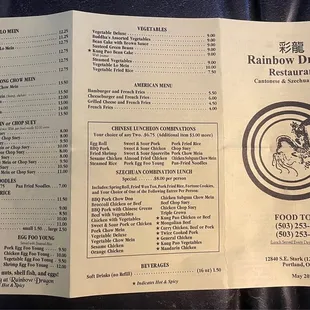 Menu as of May 2021