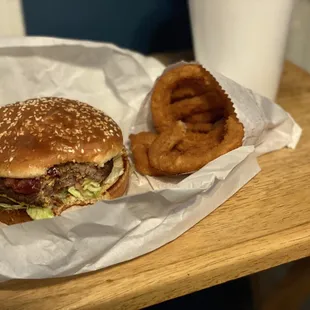 #1 combo; Double Bacon Cheeseburger with onion rings and a large Diet Pepsi.