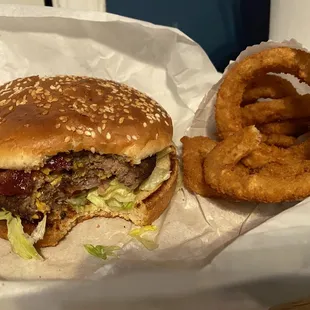 #1 combo with onion rings and a large Diet Pepsi. This double bacon cheeseburger is delicious!