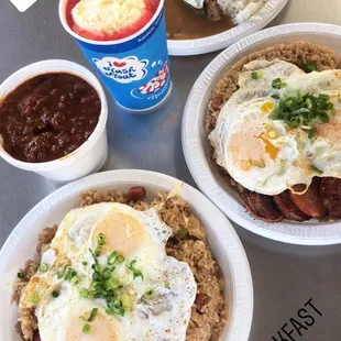 Chili rice, fried rice w egg, loco moco, slush float