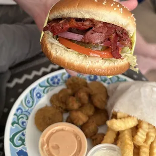 Bacon Pastrami Burger with fries and okra