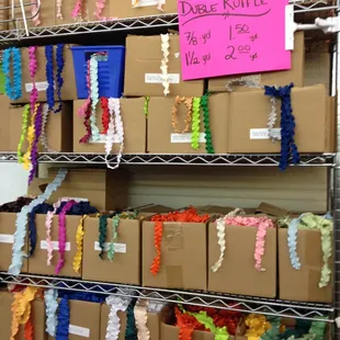 We have Double Ruffle ribbon plus many more type of ribbons by the yard.