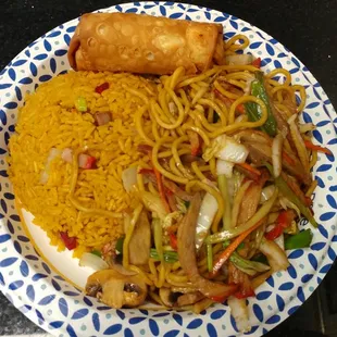 Pork lo mein with pork fried rice and a spring roll at Rainbow Garden