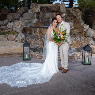 Outdoor waterfall area for first pictures as married couple