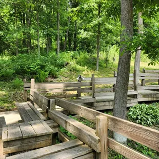 a wooden bridge in the woods