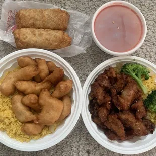 Sweet and sour chicken, bourbon chicken, egg rolls. Eh.