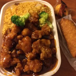 General Tso&apos;s Chicken with pork fried rice and an egg roll. $7.95