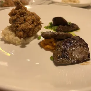 Wild Game Mixed Grill - From left to right: Fried Texas Quail Bites, Buffalo meat, and South Texas Nilgai Antelope Loin