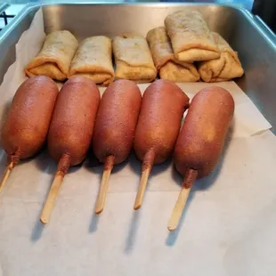 Corn dogs and burritos