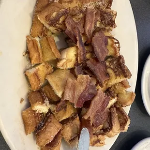 French toast and bacon (sorry cut it up and was ready to dive in and remembered I need to take a picture!)