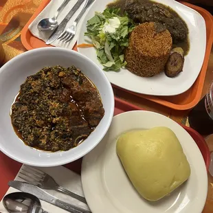Spinach stew with fufu / jerk chicken and jollof rice