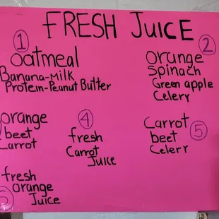 Juice menu