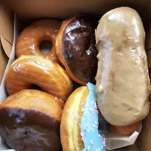 Glazed, Bavarian cream,  maple long John