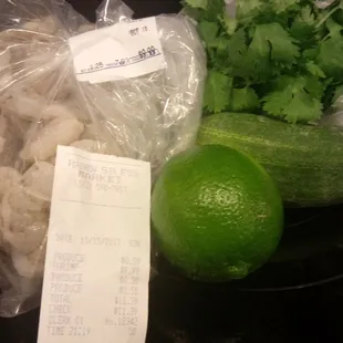 $11.39 total for 1.25 lbs medium large shrimp, pickling cucumber, cilantro, and a lime.
