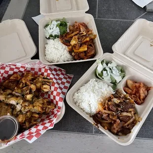 Seafood pancake (side), spicy pork, and spicy chicken