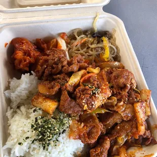 Teriyaki Spicy pork plate! I love how it comes with mochi rice cake