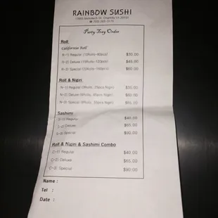 Rainbow sushi&apos;s party trey order.