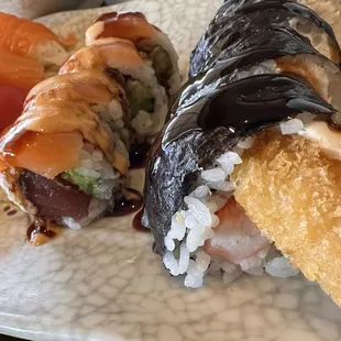 Salmon&amp;Tuna Nigiri, Mountain Roll (tuna,avocado, topped w. salmon &amp; spicymayo, RockNRoll