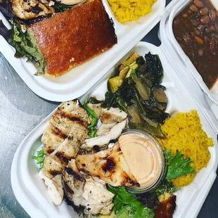 Rainbow grill chicken platter with tradition yellow rice and red Beans