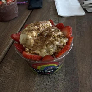 matcha and açaí with strawberries banana and peanut butter